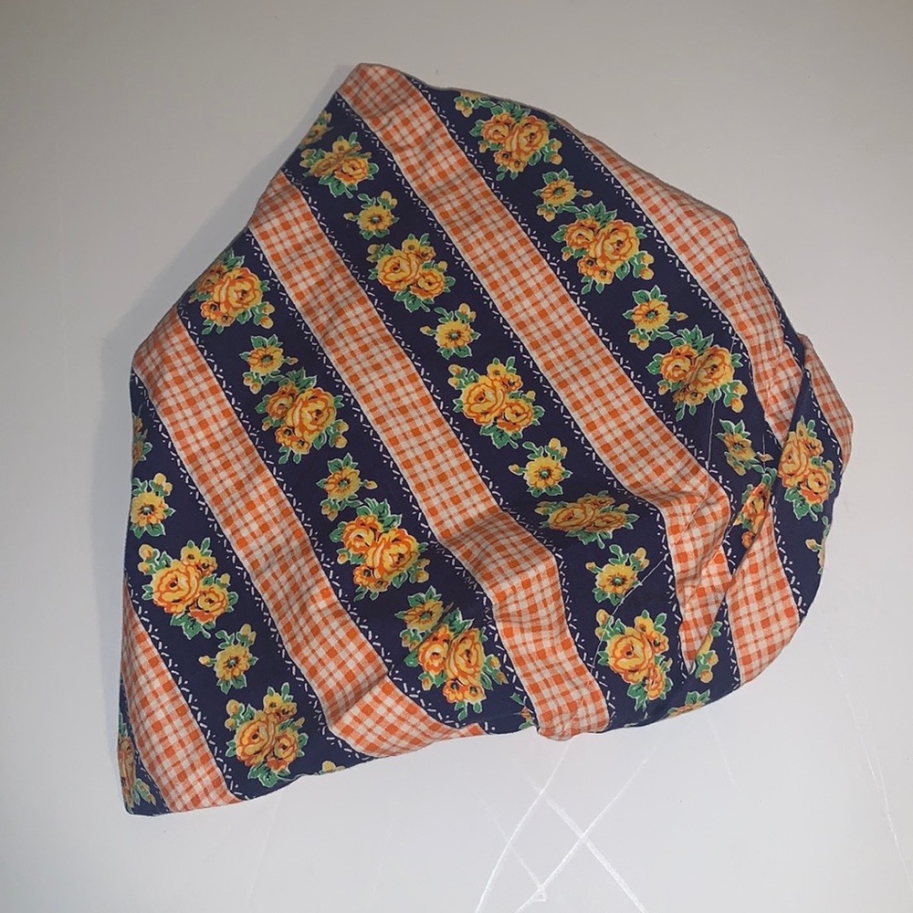 Vintage 60s 70s Floral Triangle Scarf Hat Yellow Roses Blue Orange Plaid Japan